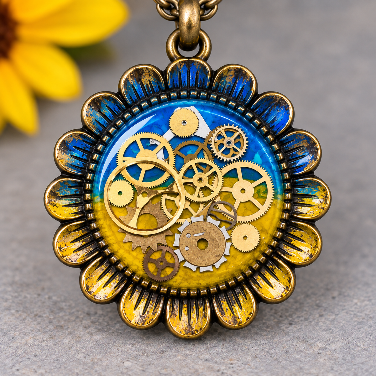 Ukrainian Sunflower Steampunk Necklace with Antique Watch Parts