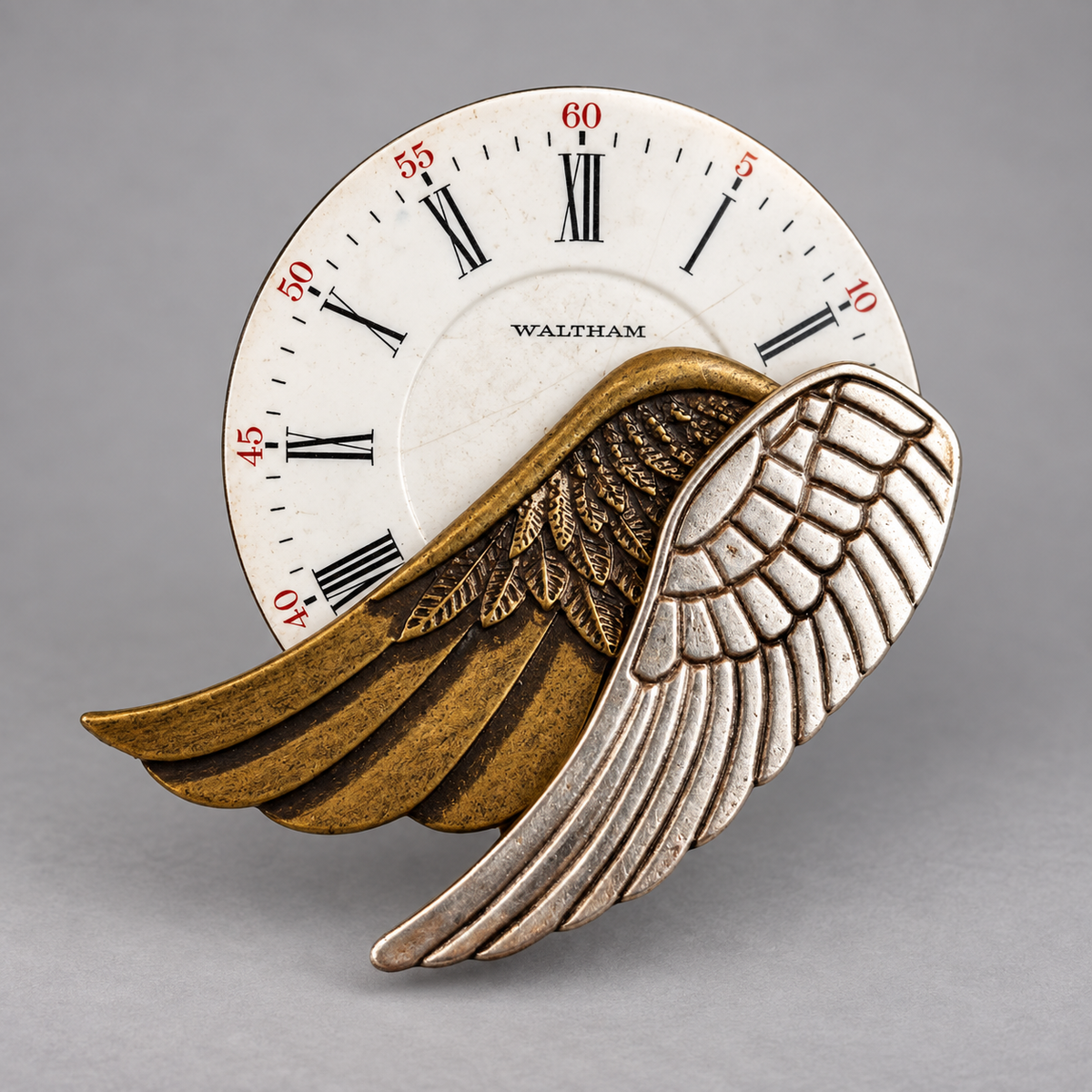 Steampunk Time Flies Brooch with Antique Watch Dial