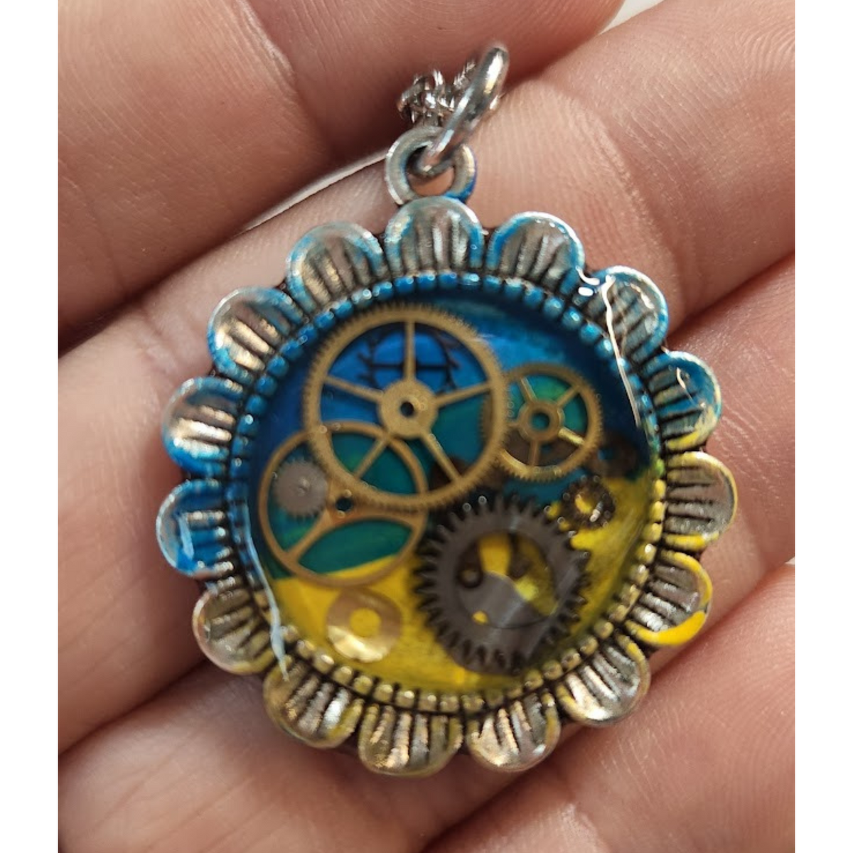 Ukrainian Sunflower Steampunk Necklace with Antique Watch Parts