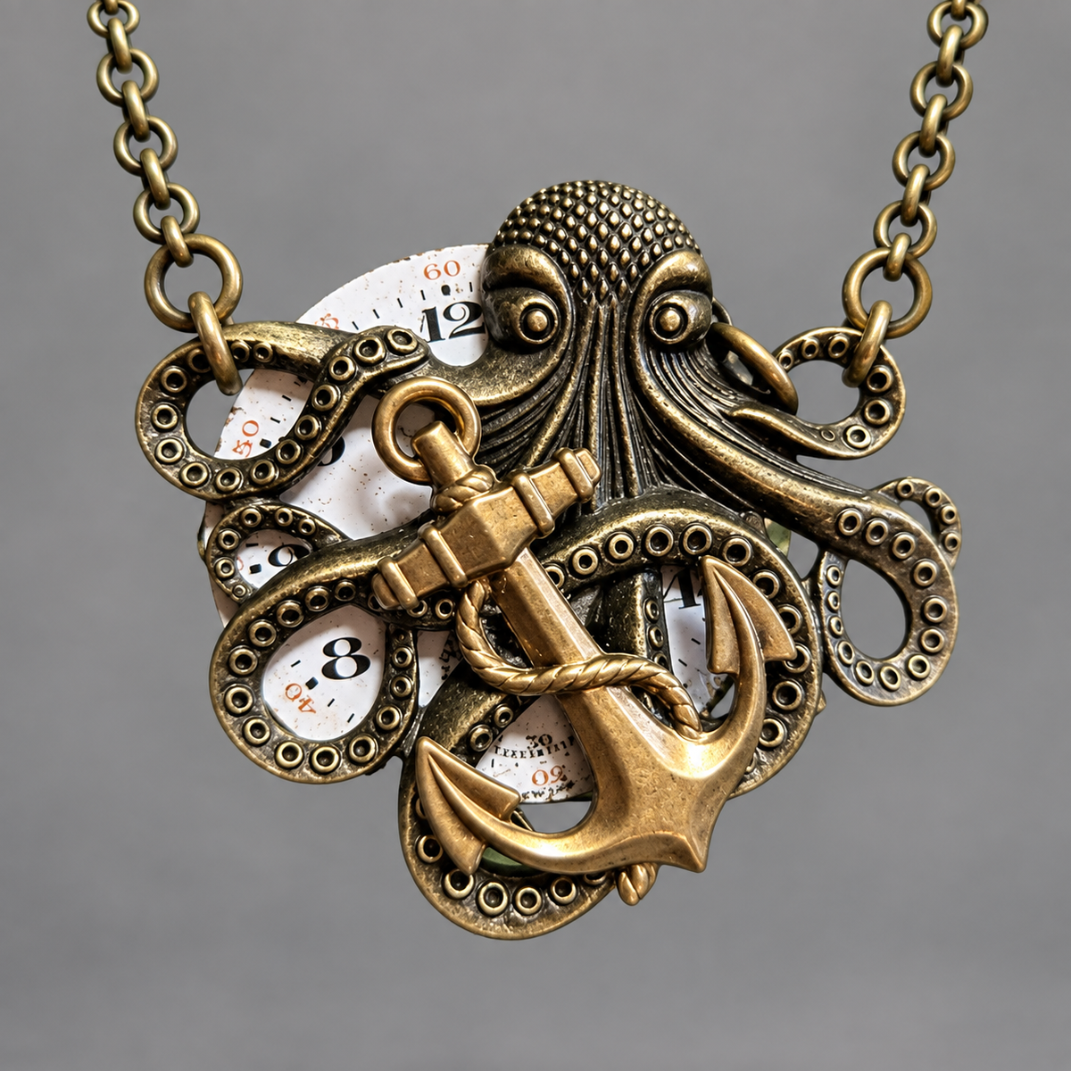 Steampunk Octopus & Anchor Necklace with Antique Watch Dial