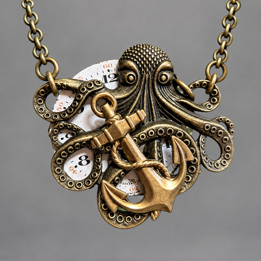 Steampunk Octopus & Anchor Necklace with Antique Watch Dial