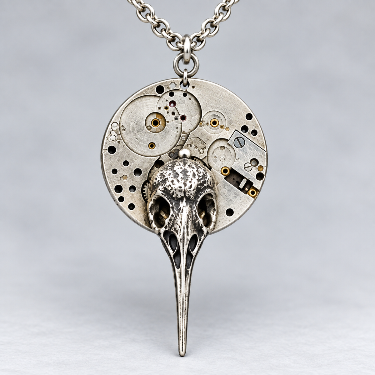 Vintage Watch Plate & Raven Skull Pendant