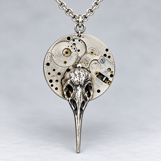Vintage Watch Plate & Raven Skull Pendant