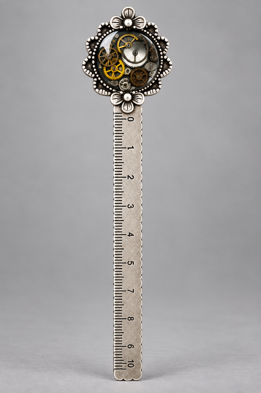Steampunk Silver Ruler Bookmark with Antique Watch Parts