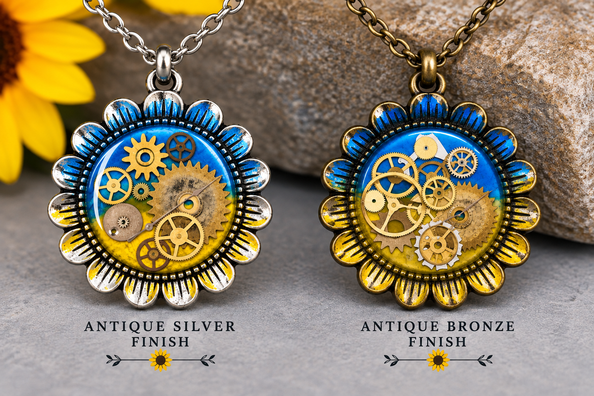 Ukrainian Sunflower Steampunk Necklace with Antique Watch Parts