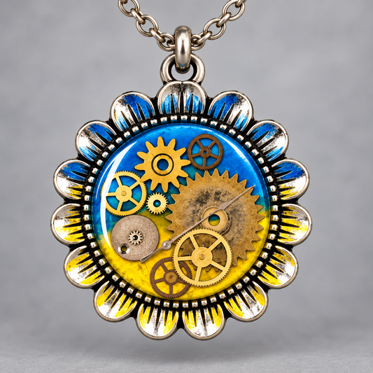 Ukrainian Sunflower Steampunk Necklace with Antique Watch Parts
