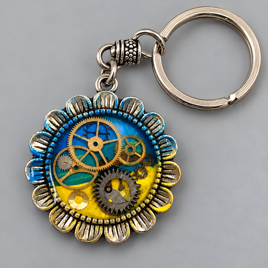Ukrainian Sunflower Steampunk Keychain with Antique Watch Parts