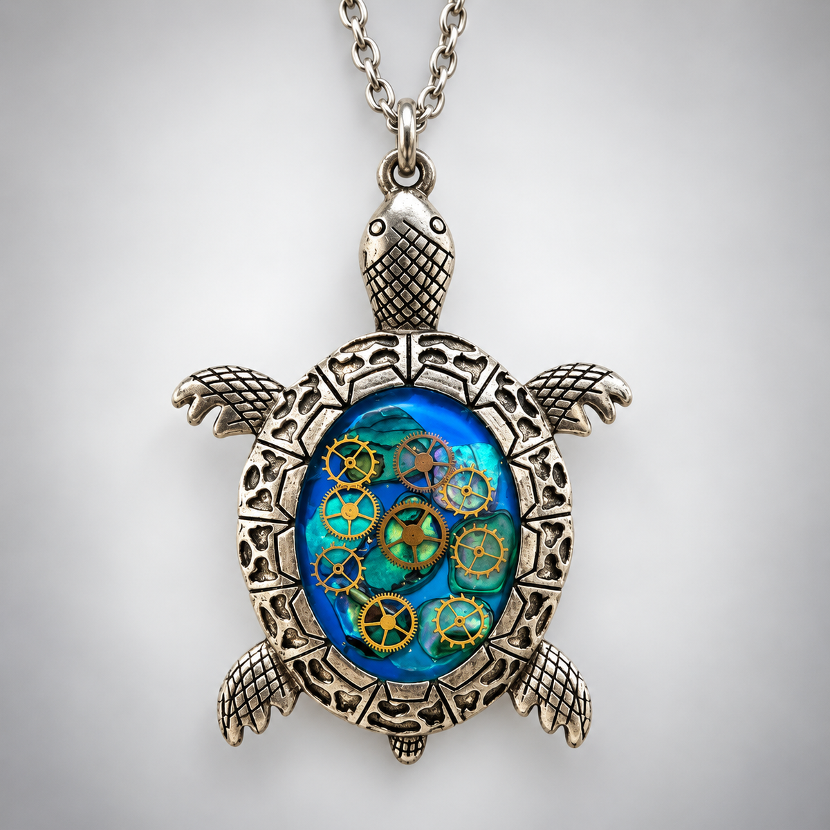 Steampunk Turtle Necklace with Abalone Shell & Antique Watch Gears