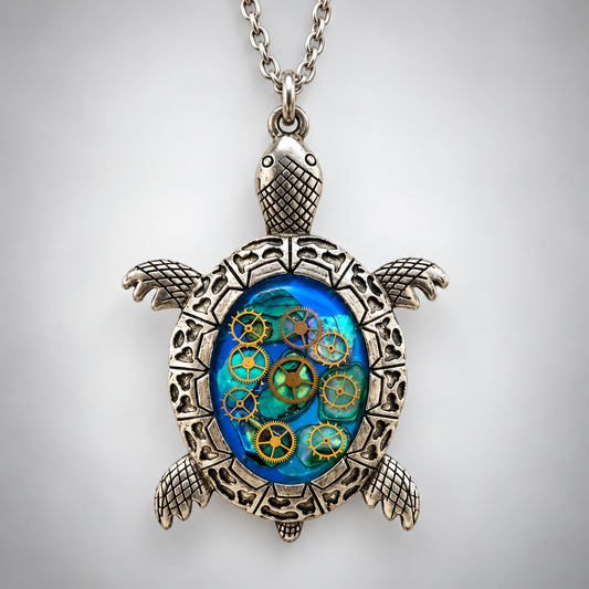 Steampunk Turtle Necklace with Abalone Shell & Antique Watch Gears