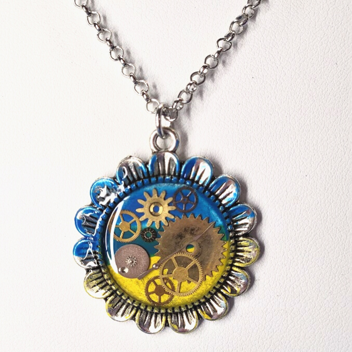 Ukrainian Sunflower Steampunk Necklace with Antique Watch Parts