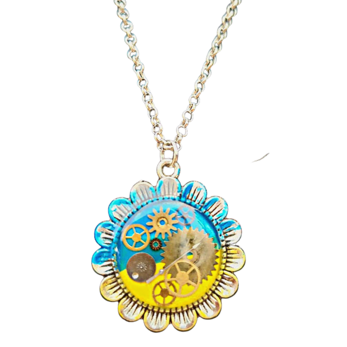 Ukrainian Sunflower Steampunk Necklace with Antique Watch Parts