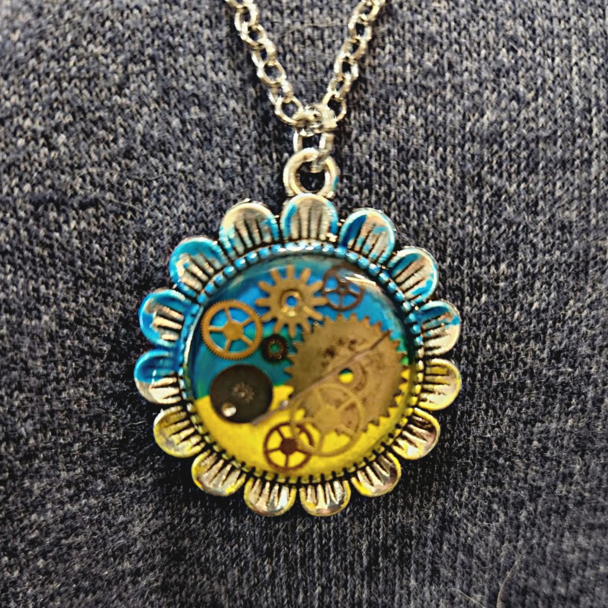 Ukrainian Sunflower Steampunk Necklace with Antique Watch Parts
